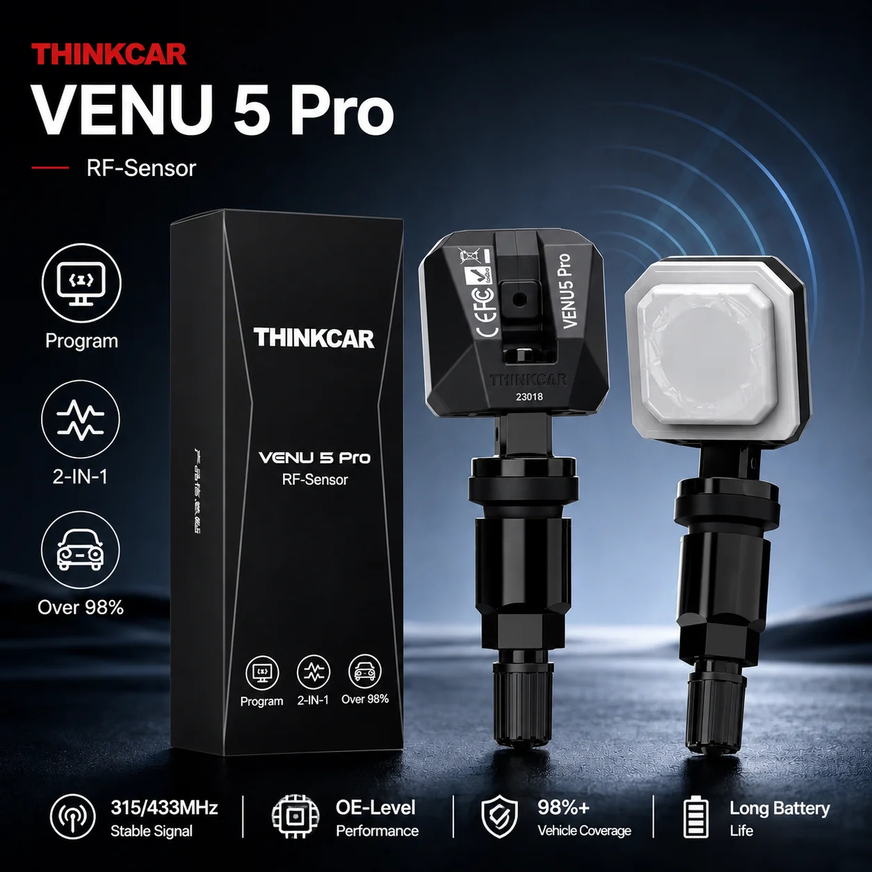 THINKCAR VENU 5 Pro Capteur TPMS universel double fréquence 315 MHz 433 MHz Capteur de pression des pneus programmable Copie à 100 % des données OE