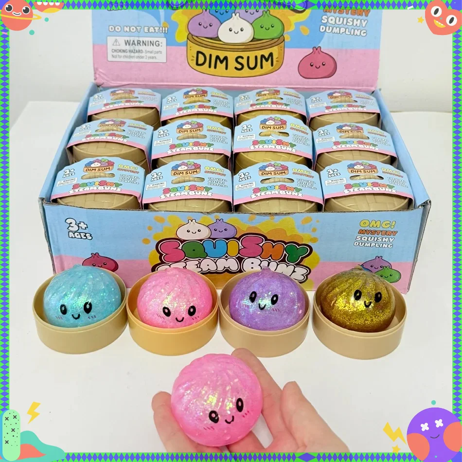 1-24 Stück Neue Glitzernde Teigtaschen-Squishies mit Box, Sensorische Dampf-Teigtaschen, Weiche TPR-Teigkugeln zur Entspannung, Fidget-Geschenk für Erwachsene