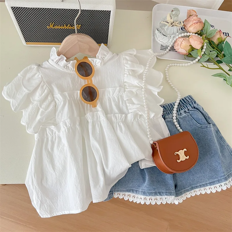 Girls Outfit Children Flutter Sleeve Lace Shirt Denim Shorts Two-Piece Set Toddler Outfit Sleeveless Shirt Thin Denim Shorts Set