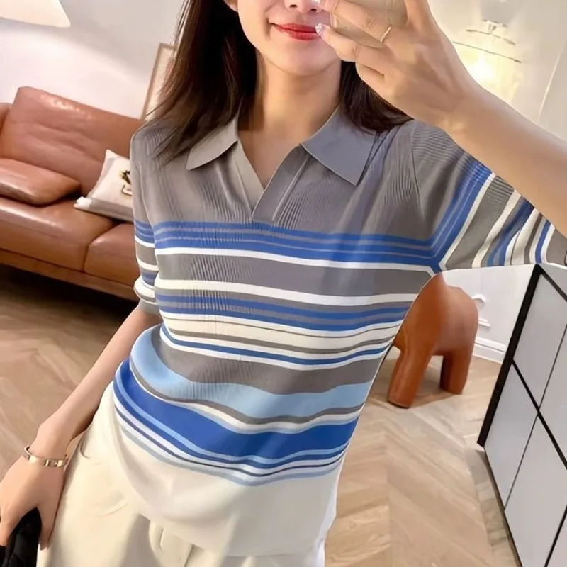 Minimalist Commuter Summer New Women's Spliced Polo Neck Short Sleeve Contrast Color Striped Sweater Loose Knitted T-shirts Tops