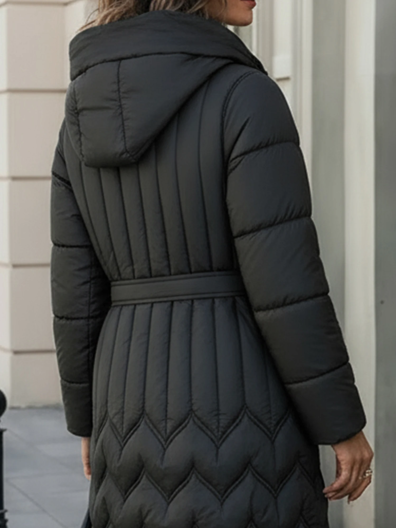 Women's Autumn/Winter Mid-Length Hooded Quilted Coat Plain Long Sleeve Slimming Casual Jacket