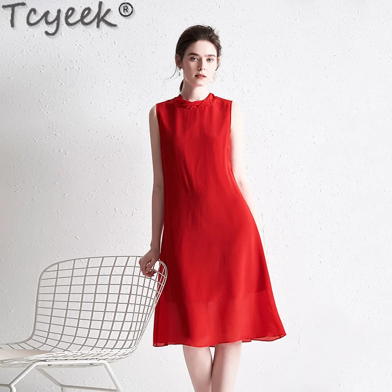 Tcyeek 100% abito longuette in vera seta di gelso 2024 abito donna Chic ed elegante abiti rossi senza maniche per abiti estivi da donna