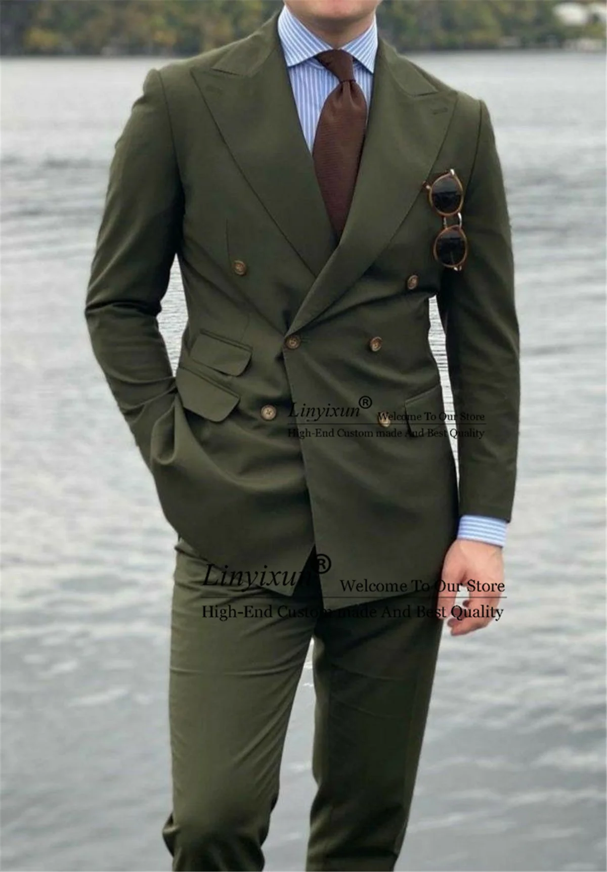 

Slim Fit Army Green Groom Tuxedo Peak Lapel Double Breasted Wedding Suits For Men 2 Pieces Set Business Male Blazer Pants Outfit