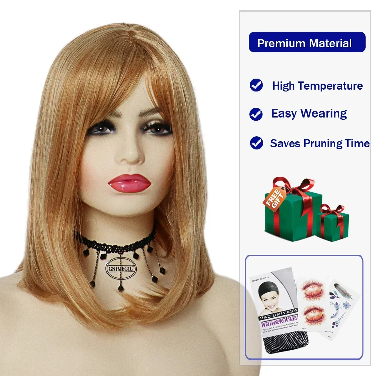 GNIMEGIL Synthetic Strawberry Blonde Wig with Bangs Medium Straight Hair Beth Dutton Wig Cosplay Yellow Stone Costume for Women