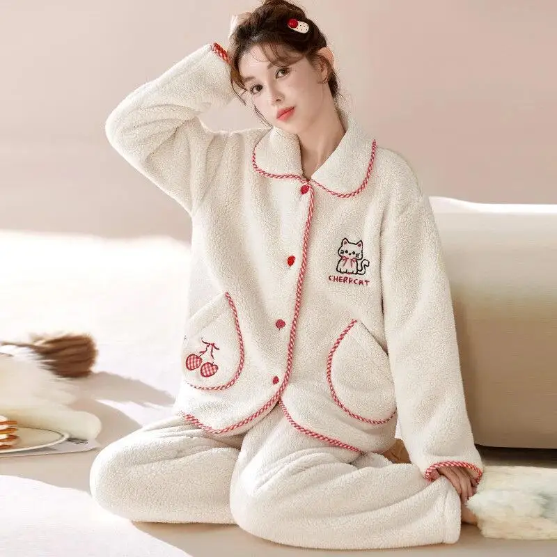 

Women's Pajama Set Cardigan Coral Fleece Cartoon Autumn Winter Warm Thick Comfortable Sleepwear Loungewear Home Clothes for Girl