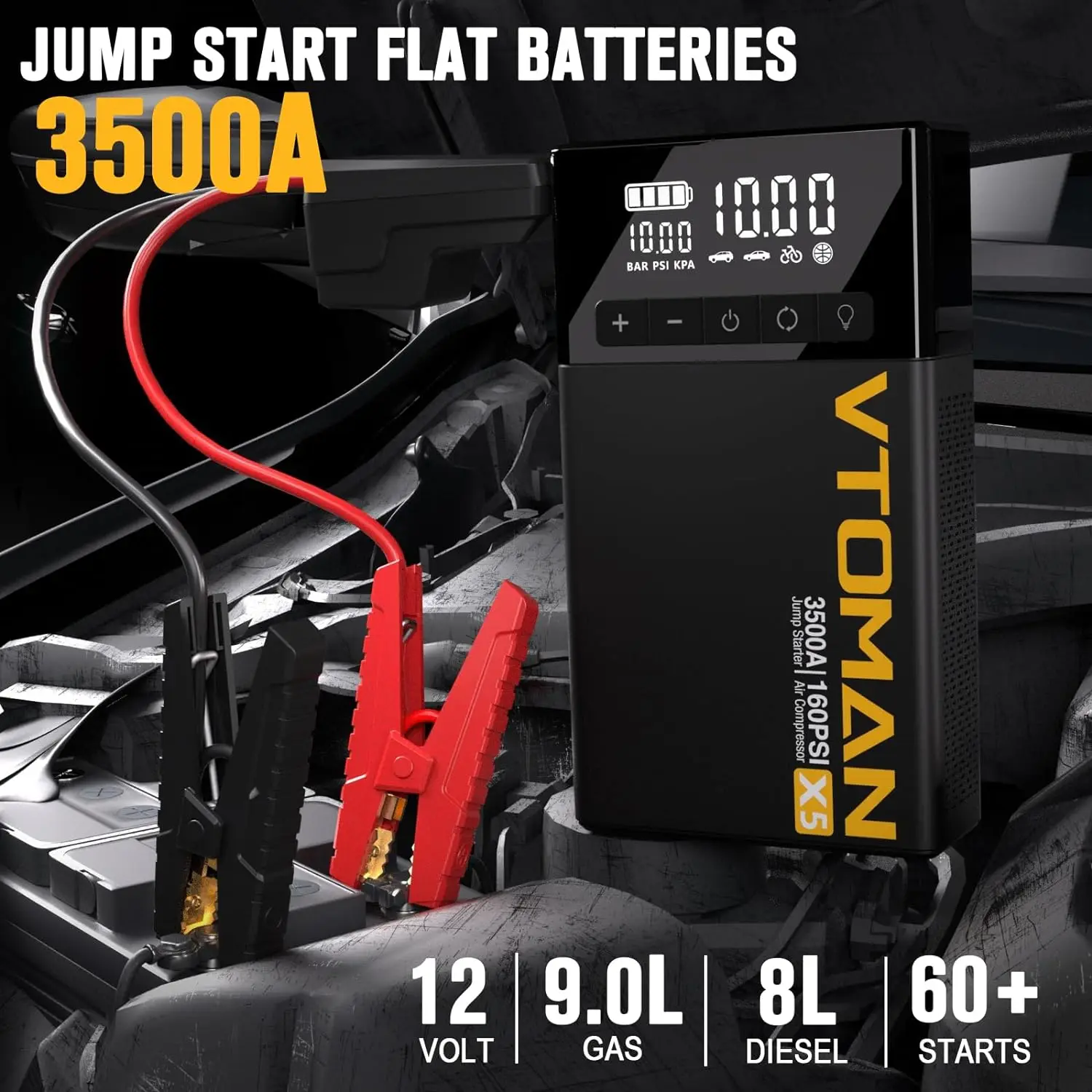 Imagem -02 - Jump Starter com Compressor de ar Bateria de Carro Portátil Booster até 9l Gás 8l Motores Diesel 160psi Digi 3500a Vtoman-x5