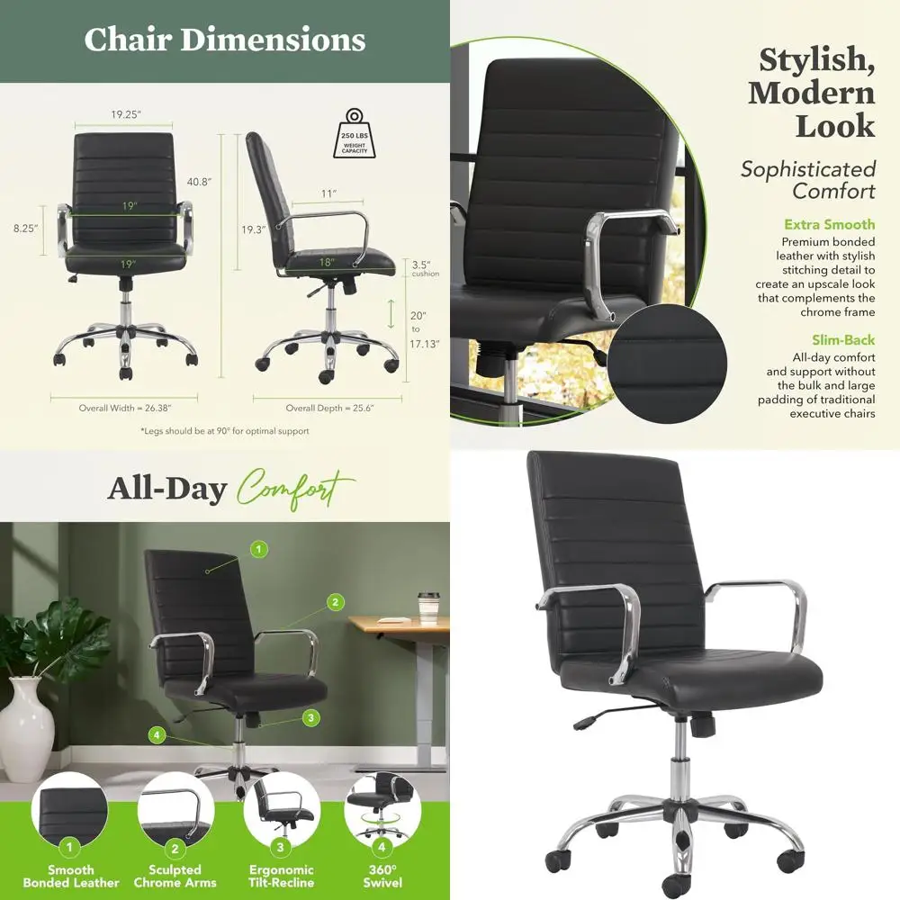 

Sadie Executive Chair, Ergonomic Leather Oice Chair with Chrome Arms and Back Support, or Computers, Desks, Home Oices, 360 Swiv