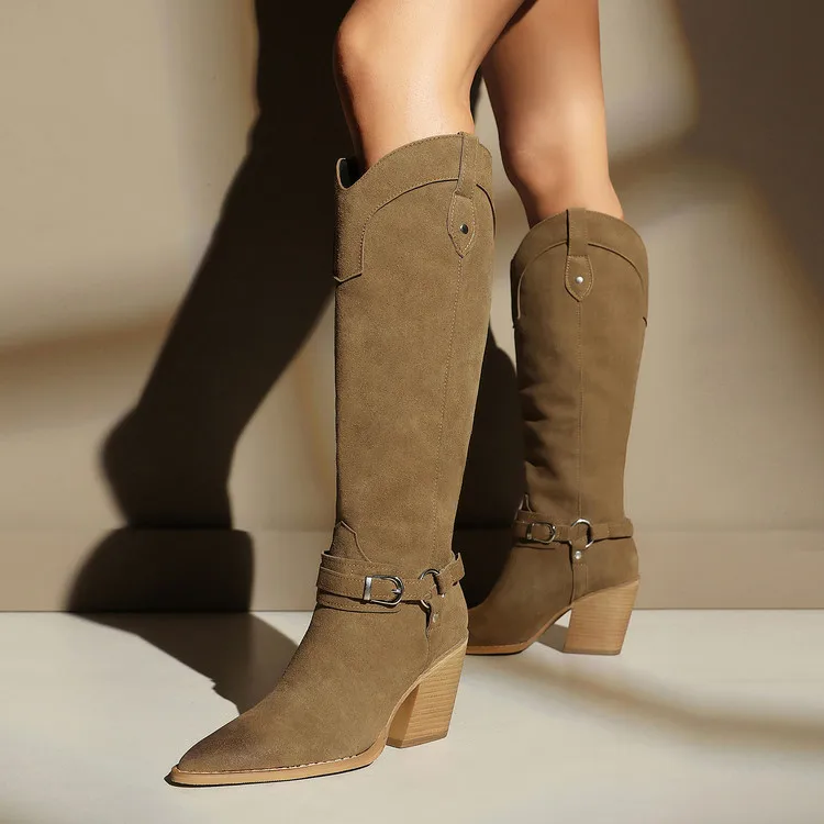 Women's Shoes 2026 Vintage Khaki Suede Knee High Boots Women Pointed Toe Block Heel Western Cowboy Boots Comfortable Shoes