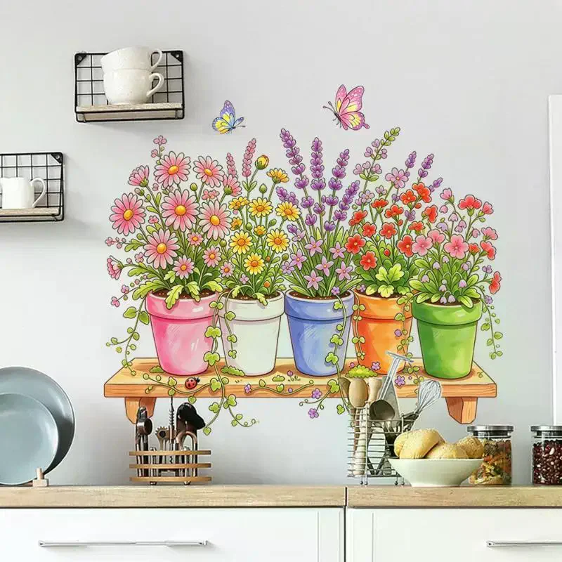 Potted Flower Wall Decal Colorful Removable Self Adhesive Cute Butterfly Pattern For Kids Bedroom Living Room Decor For Home Us