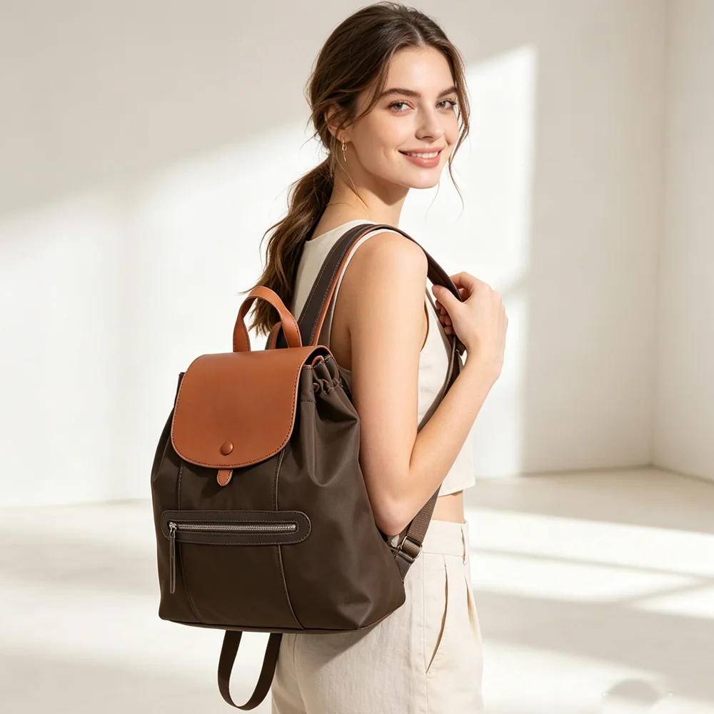 Retro Milk Tea Color Flip-Top Backpack, Lightweight Drawstring Commuter Backpack for Women, Student School Bag, Daily Casual Backpack for Office Workers, Soft Leather Patchwork Large-Capacity Multi-Compartment Backpack, Summer Travel Backpack