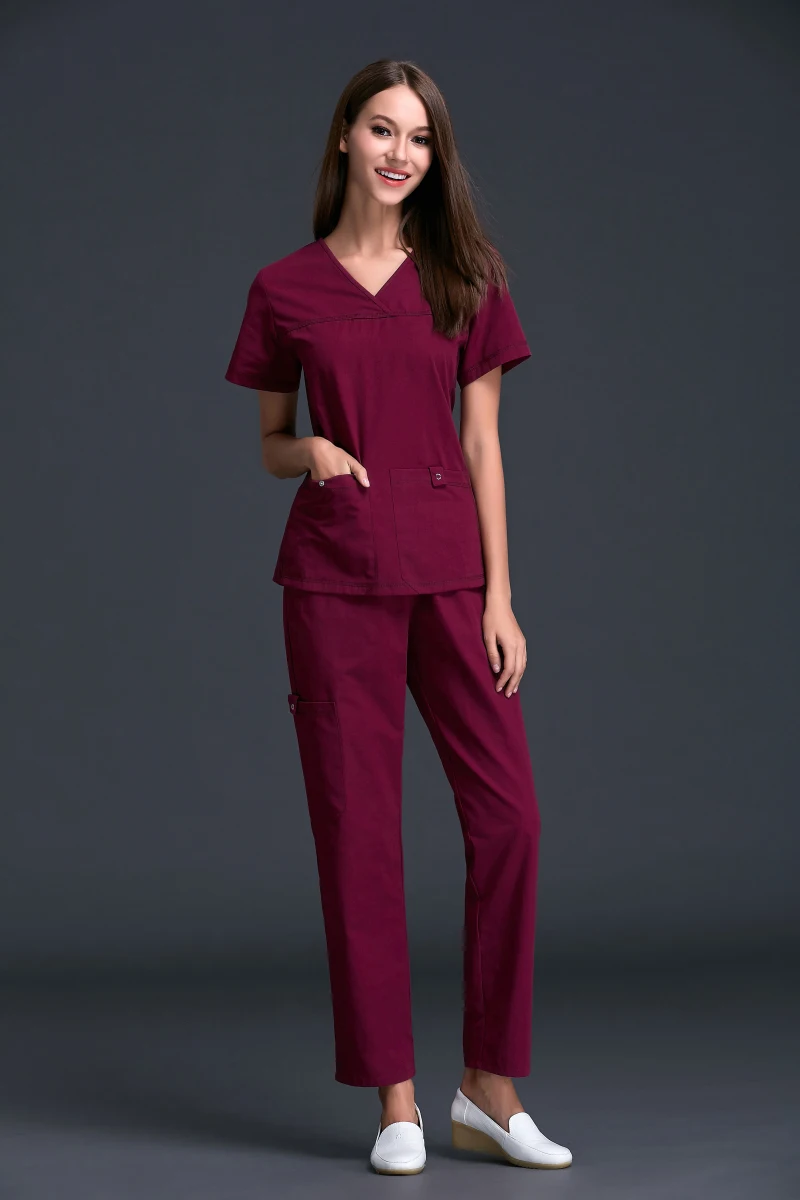 Two Piece Women Short Sleeve Small V-Neck Workwear Tops+Pants Working Set Beauty Salon Dental Clinic Suit Overalls Slim Fit