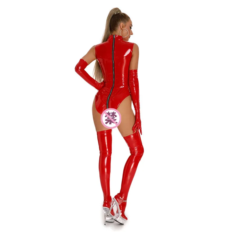 Sexy Sleeveless Slim Women Wetlook PVC Faux Leather Bodysuit Jumpsuit Front Zipper Open Crotch PU Latex Erotic Lingerie Catsuit