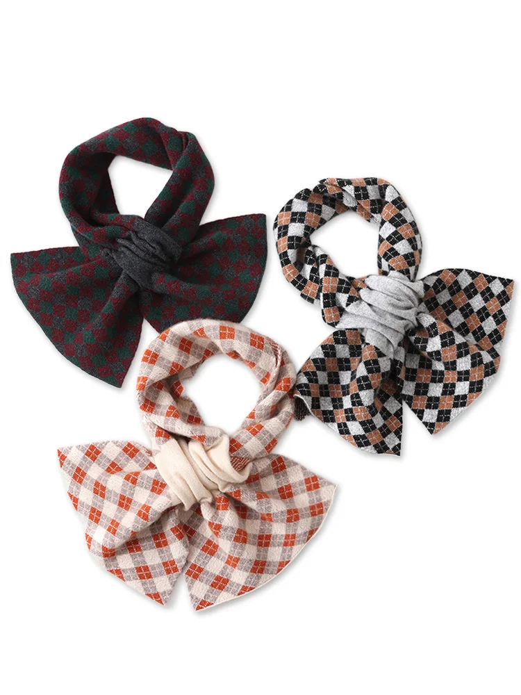 Women 35% Cashmere Plaid Knit Keyhole Scarf Pull-Through Bow Neck Warmer Knit Ascot Winter Ring Collar Wool Cashmere Accessories