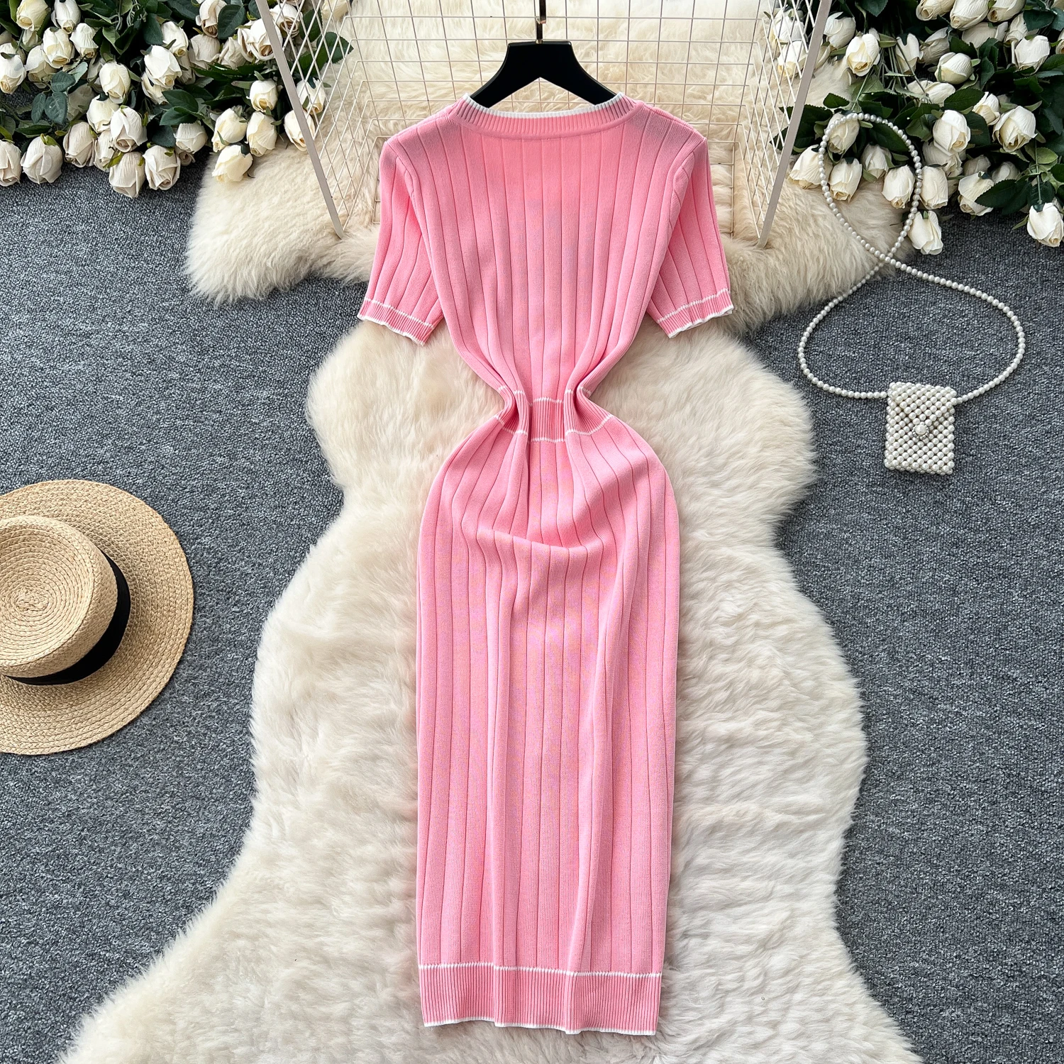 Chique vintage gebreide O-hals korte mouw geplooide elegante fee Koreaanse mode Boho zonnejurk dameskledingjurk