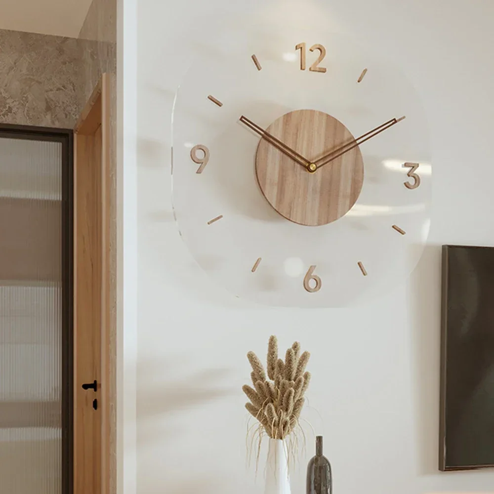 Acrylic Dial Wall Clock 35cm Digital Mute Square Wooden Simple Wall Watch Decorative Living Room Bedroom