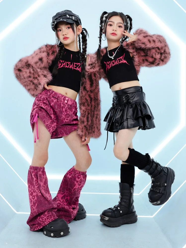 Kpop Hip Hop Clothing Pink Leopard Faux Fur Crop Coat Black Layered Skirt Side Tie Shorts for Girls Dance Costumes Clothes