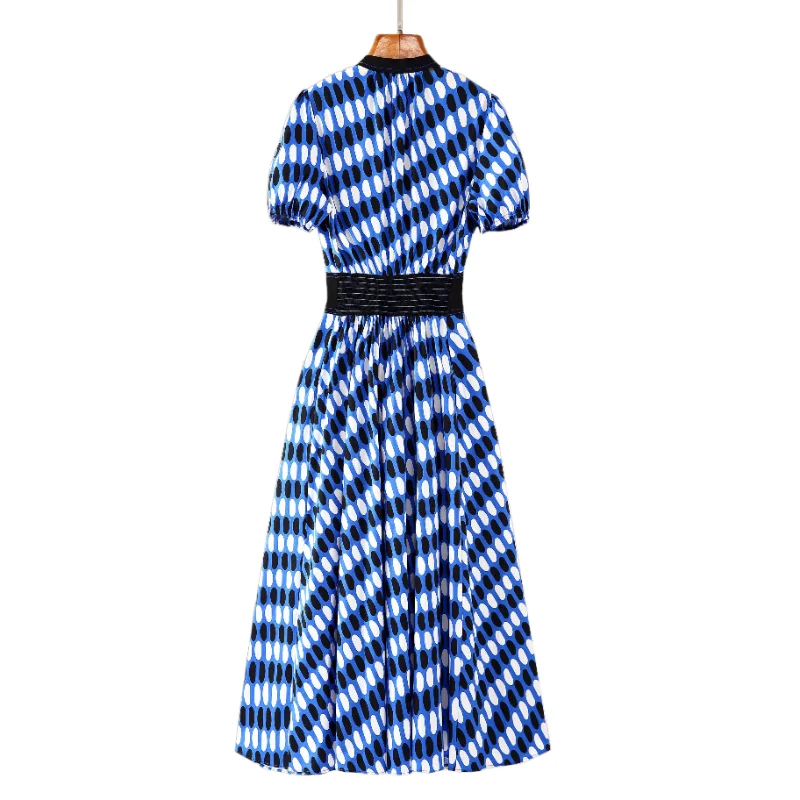 2026 Summer Collection | Blue & White Polka Dot Cotton Dress | V-Neck Waist-Cinching Short Sleeve Midi Dress | US2-US10