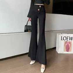 Spring and Autumn Women's Solid Color High Waist Slim Button Slim Horn Fashion Casual Office Lady All-match Suit Trousers