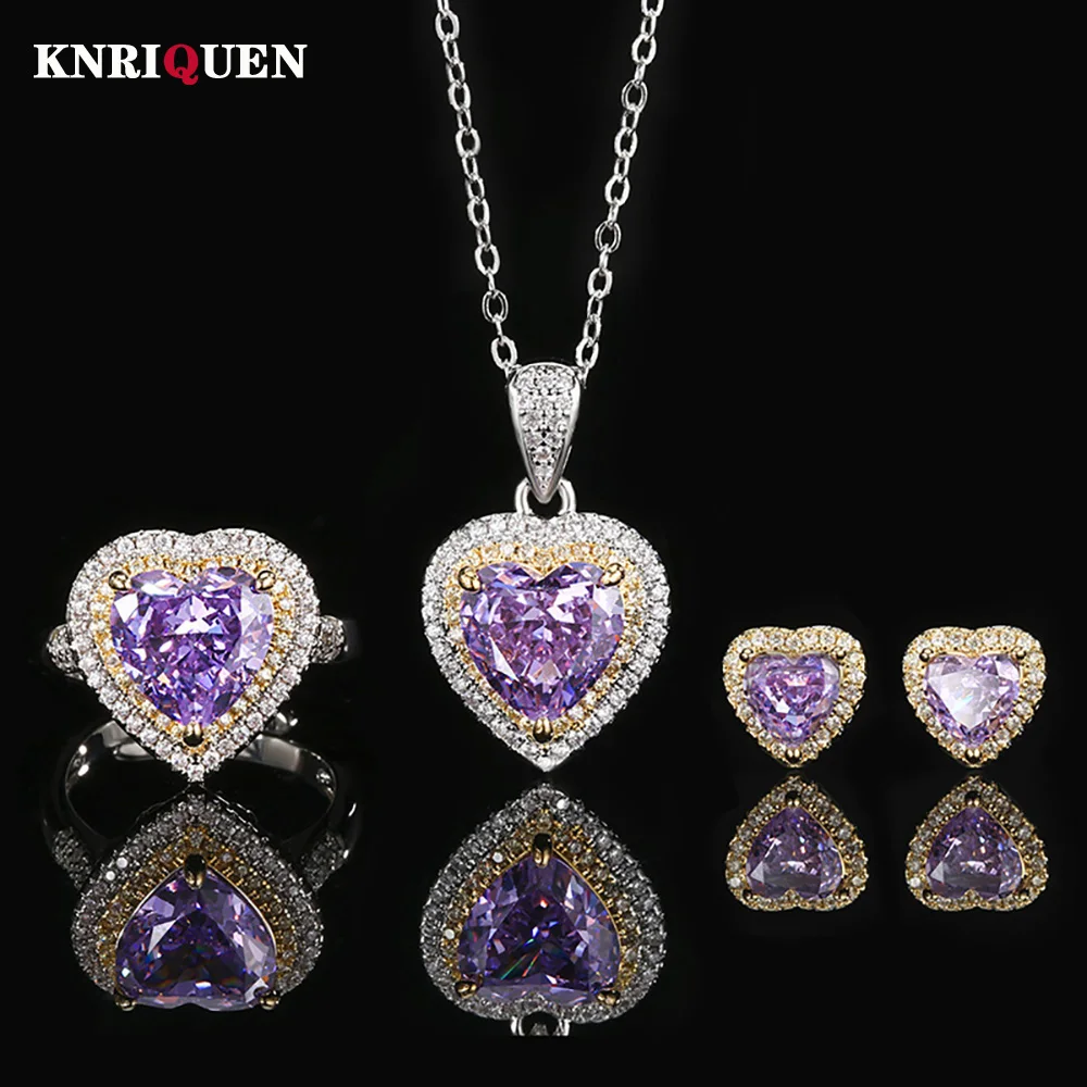 

Romantic Heart-Shaped Amethyst Gemstone Necklace Pendant Ring Stud Earrings Wedding Fine Jewelry Sets for Women Accessories Gift