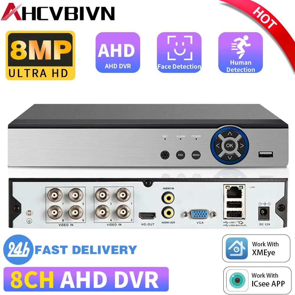 

8MP H.265 CCTV DVR Recorder 8-channel 6-in-1 AHD CVI TVI CVBS Security DVR NVR for AHD Camera IP Camera Face Playback Detection