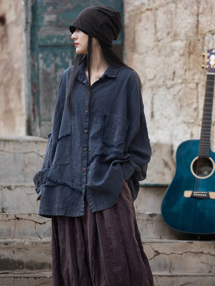 Oversize Shirt Women Vintage Frayed Casual Asymmetrical Ramie Shirts