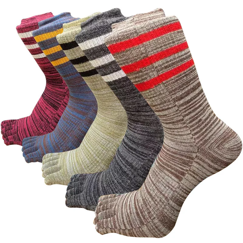 

5 Pairs Man Sport Toe Socks Cotton Mid-tube Striped Colorful Compression Sweat-Absorbing Deodorant Fitness Travel 5 Finger Socks