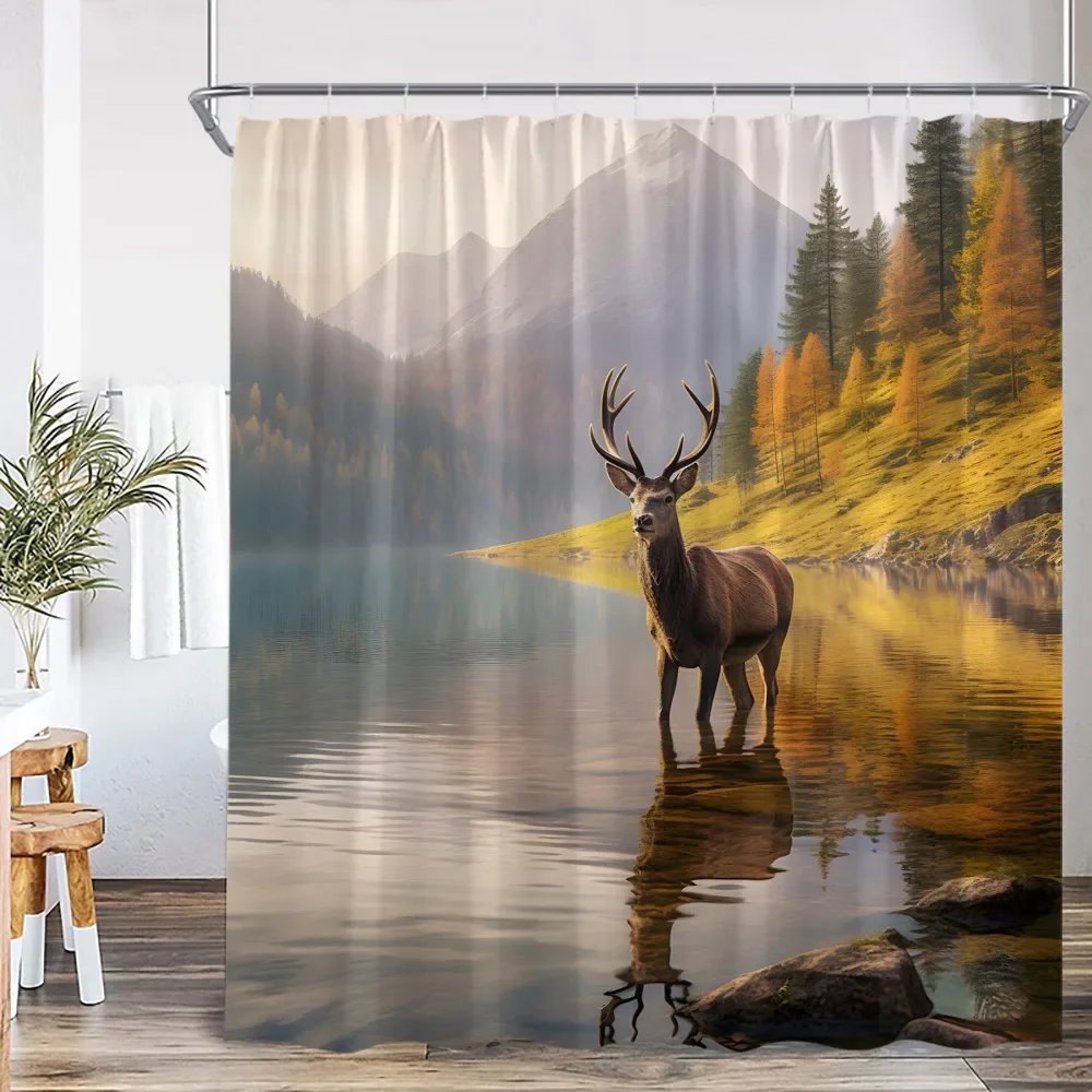 Wild Animal Shower Curtain Winter Forest Deer Lion Tiger Elephant Prairie Bath Curtain Polyester Bathroom Curtain Home Decor