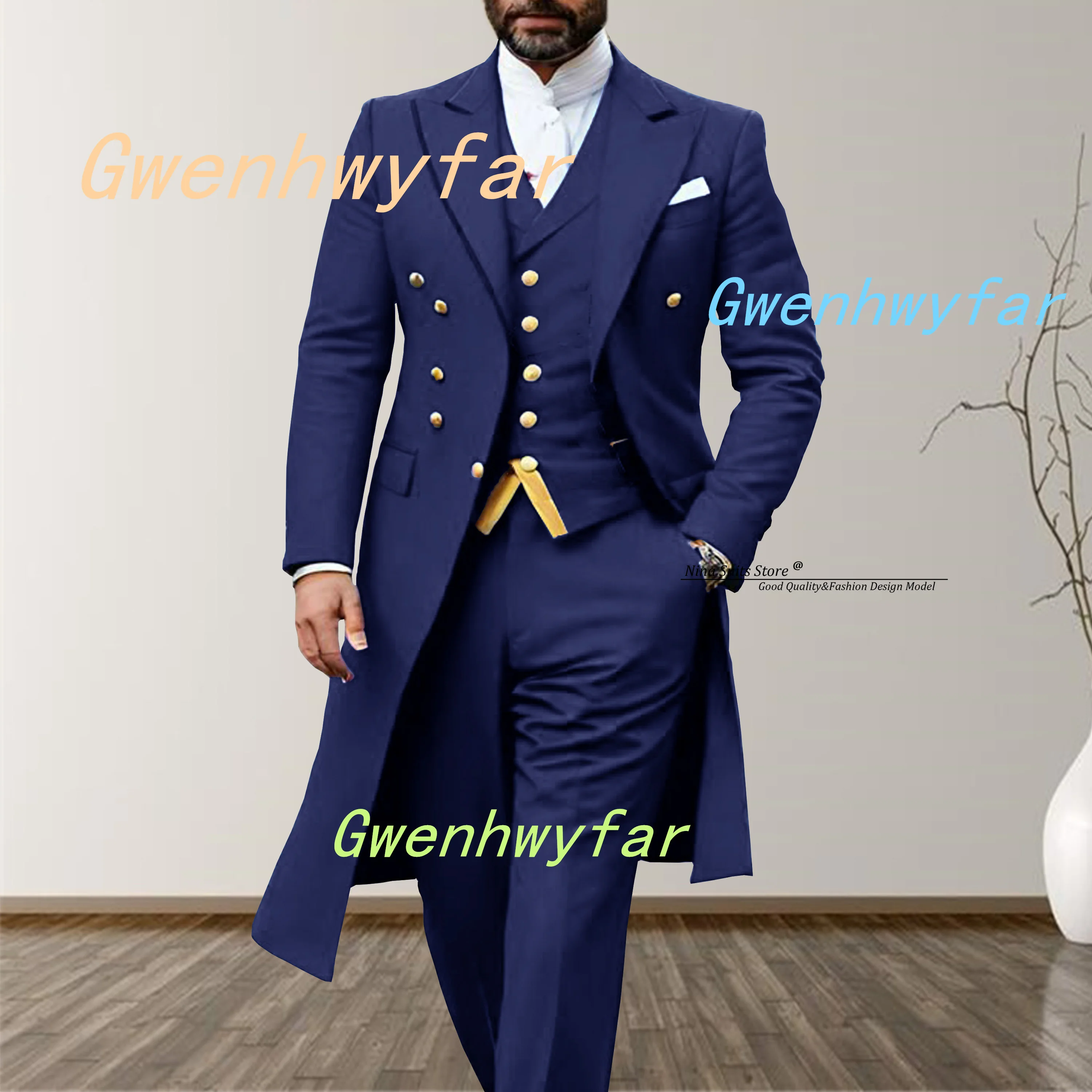 Gwenhwyfar 2026 Elegant Long Men's Suits 3-Piece Set of Turquoise Men's Wedding Costume with Golden Stitching Vest Casual Pants