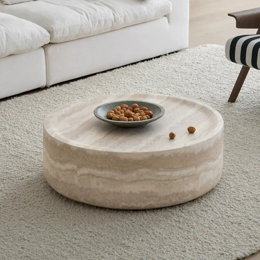 

35.43'' Round Faux Travertine Coffee Table No Assembly Faux Marble Textured Tea Table for Living Room Modern Fiberglass Table