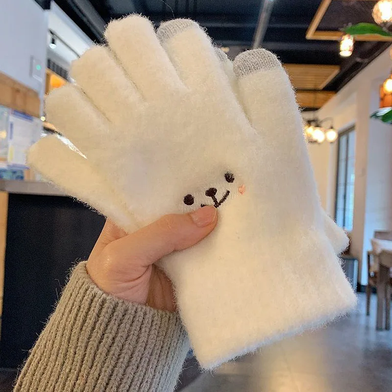 

Winter Warm Plush Gloves Japanese Girl Smile Knitted Five Finger Gloves Women Winter Glove Women Thick Mittens For Cycling 1pair