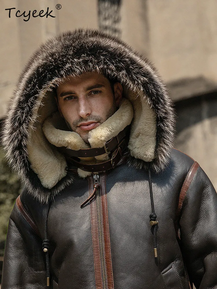 Tcyeek Natural Merino Sheepskin Fur Coat Men Hoodie Real Fur Mens Coats Fashion Winter Clothes Raccoon Fur Collar 18mm Thickened