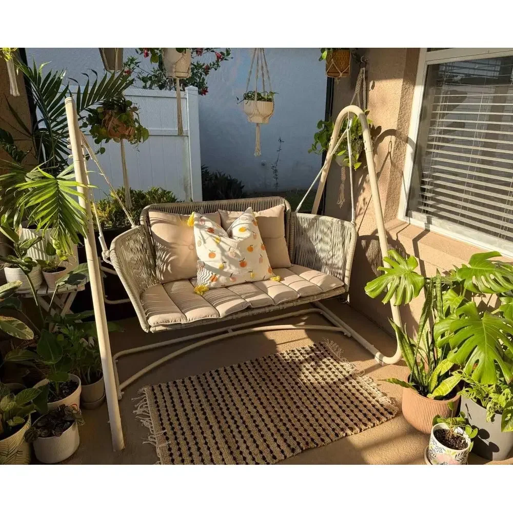 2-Person Outdoor Wicker Swing Chair with Stand, Cushion & Pillows, Cream