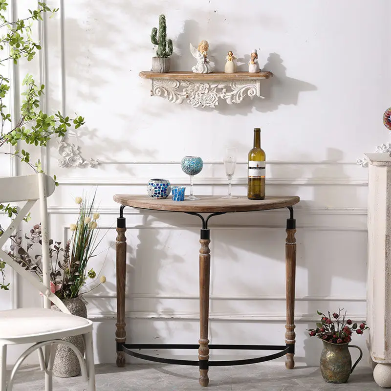 

‌Vintage Entry Console, Distressed Iron Demilune Table, Solid Wood Plant Stand, Industrial Wall Corner Shelf Organizer