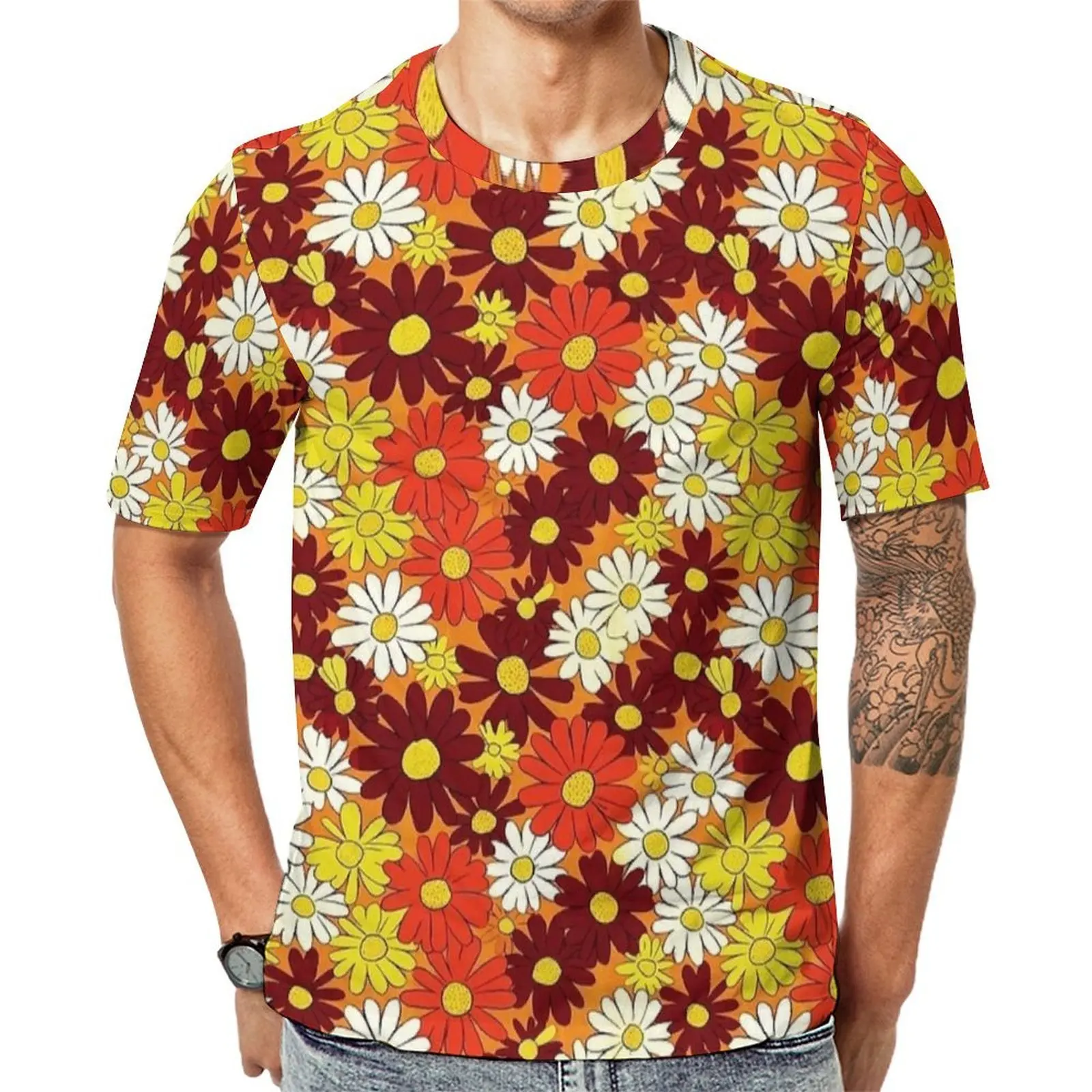 Autumn Daisy Seamless Floral Print T Shirt For Male  Pattern O Neck T Shirts Beach Harajuku Clothes Short Sleeve Plus Size Tees