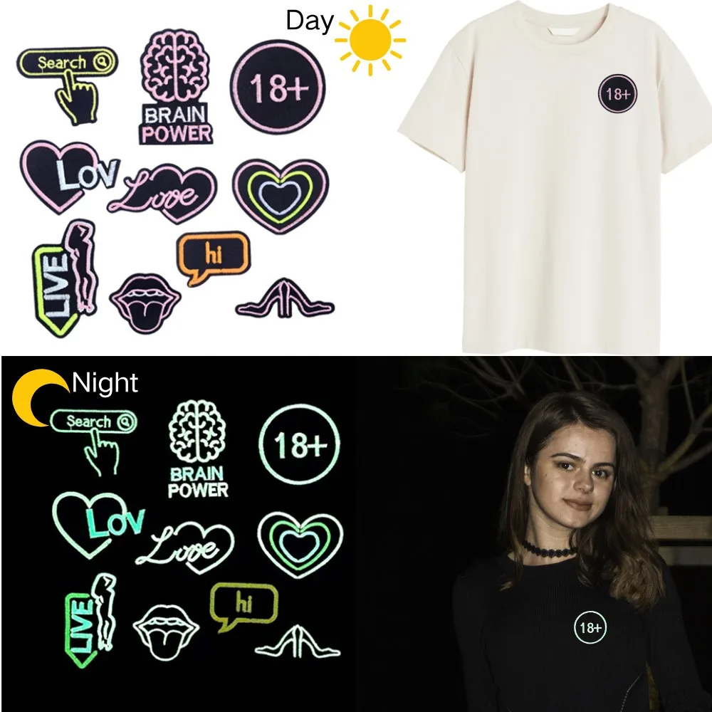 

Yuancosmos Series Noctilucence Embroidery Patch Paste Mouth Love Decorative Accessories DIY Appliques Iron on Patches Scp