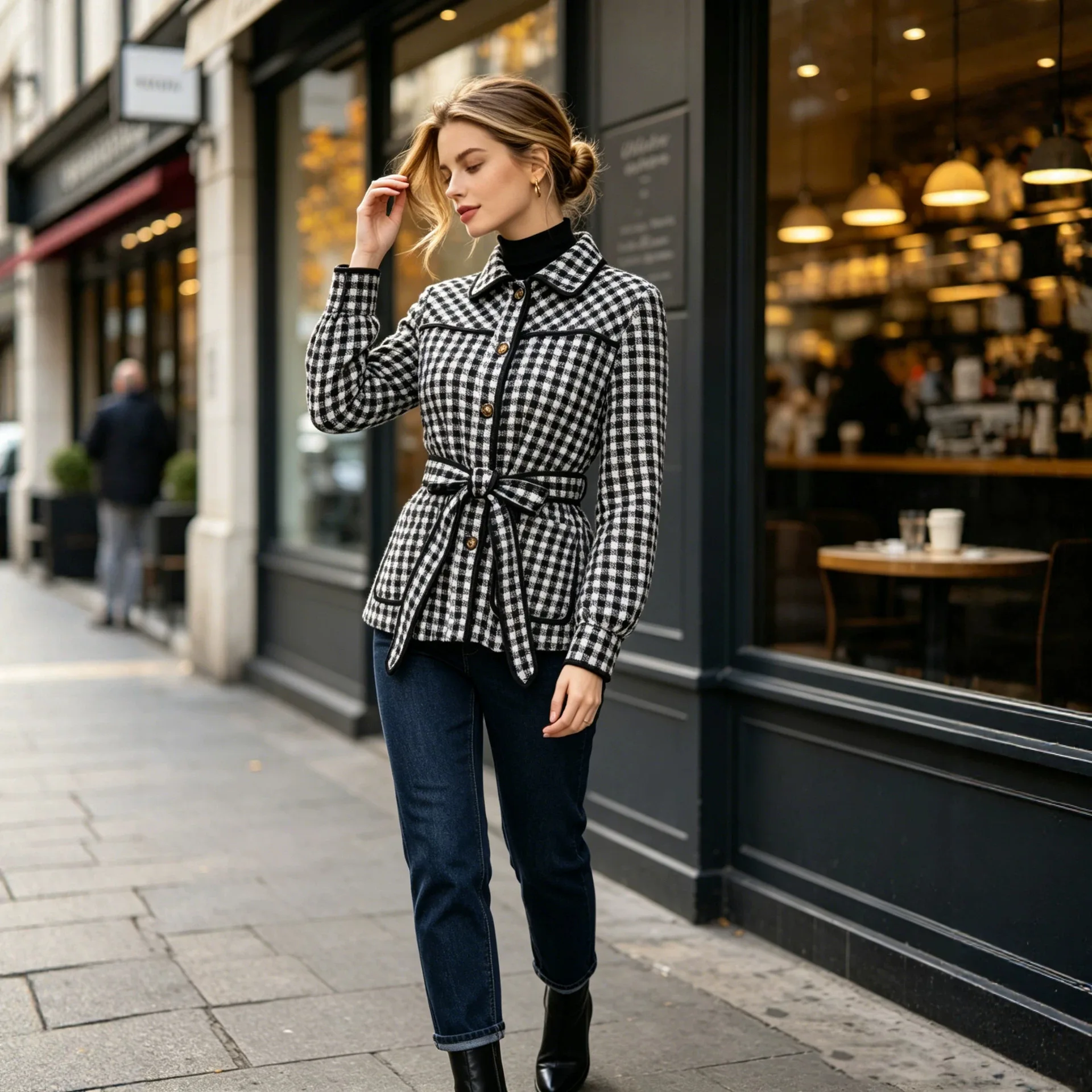 New Autumn/winter Collection: Black And White Plate Short Jacket With A Stand-up Necklace Adjustable Buttons, And A Drawstring