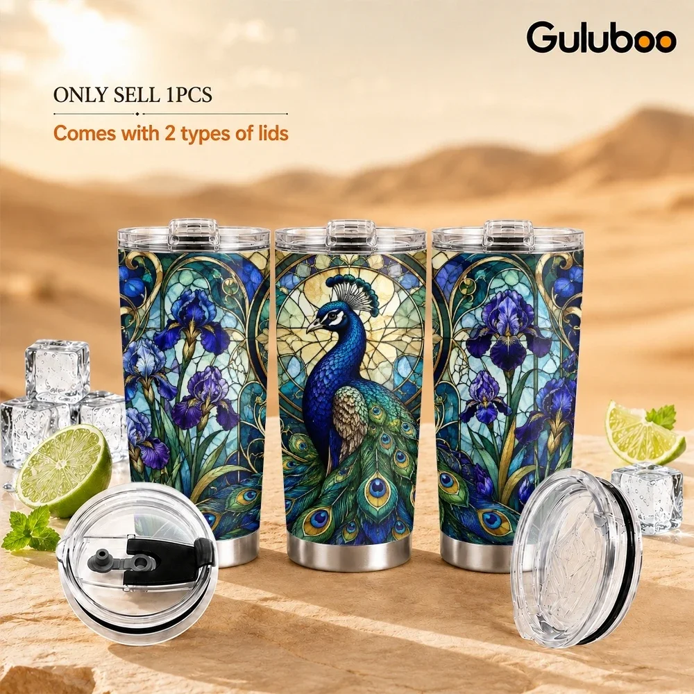 Mystic Glass Art Vacuum Flasks 20oz Stainless Steel Insulated Tumbler Double Wall Coffee Drink Cup with 2 Lids Straw Travel Mug