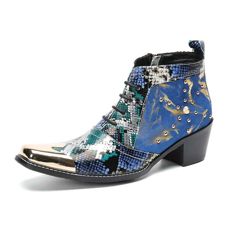 

Serpentine Patch Men's Metal Square Head Chelsea Boots Lace Ankle Boots Zipper Leather High Heels Party Ball Dress Shoes