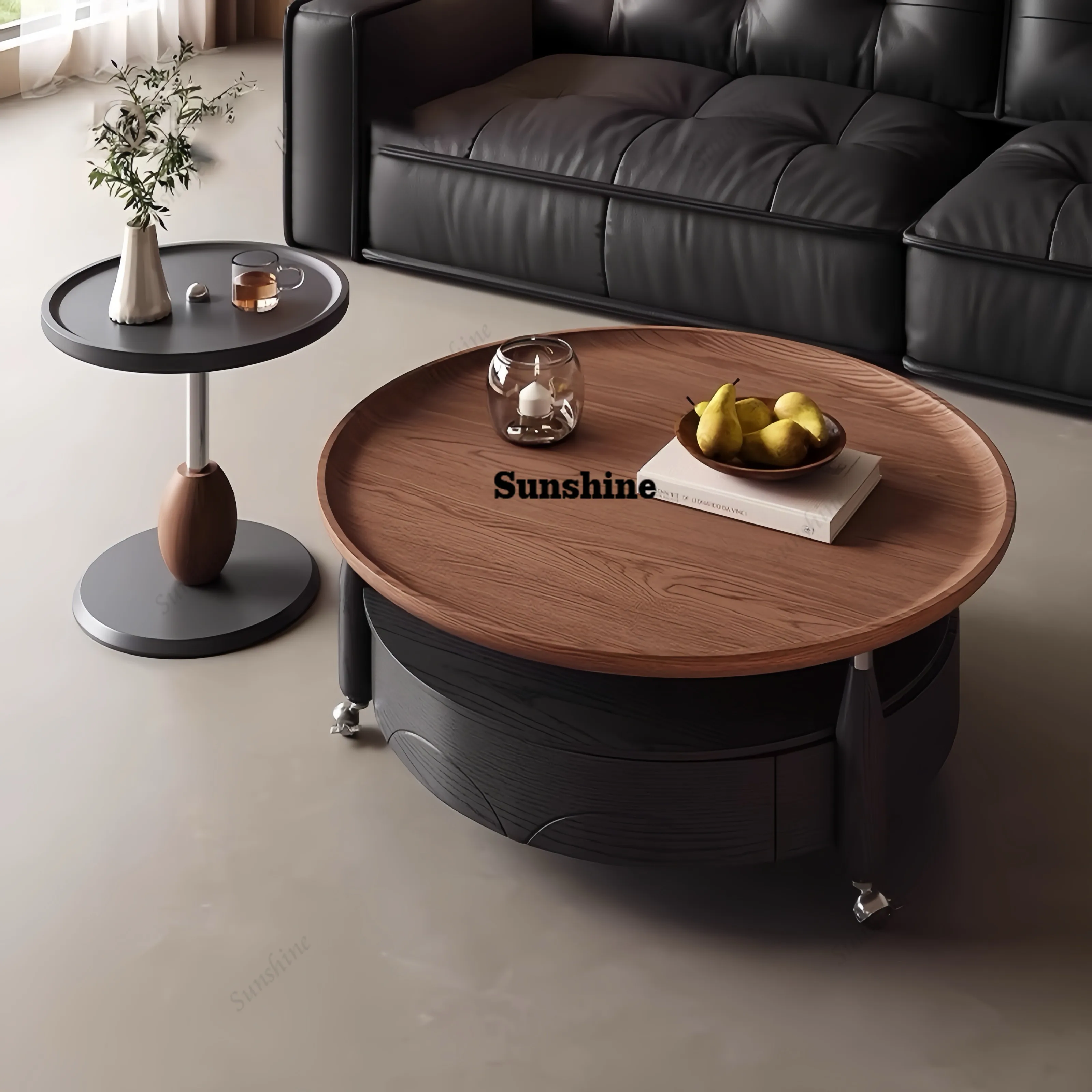 

Solid wood coffee table removable, living room household small apartment French retro round combination coffee table