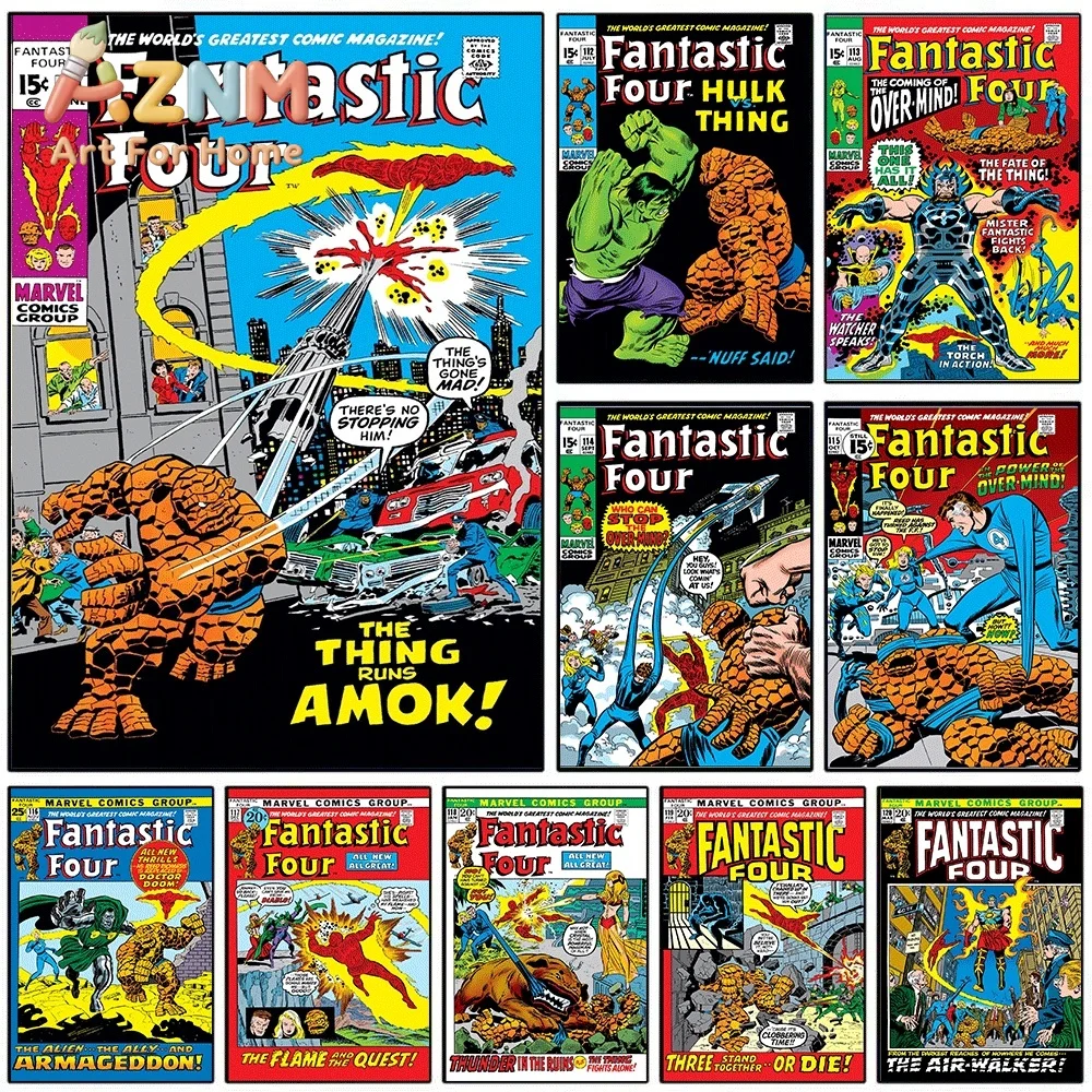 AZNM Fantastic Four The Thing Runs Amok Vintage Comic Cover Collage Canvas Wall Art Unframed Print, Superhero Poster for Bedro