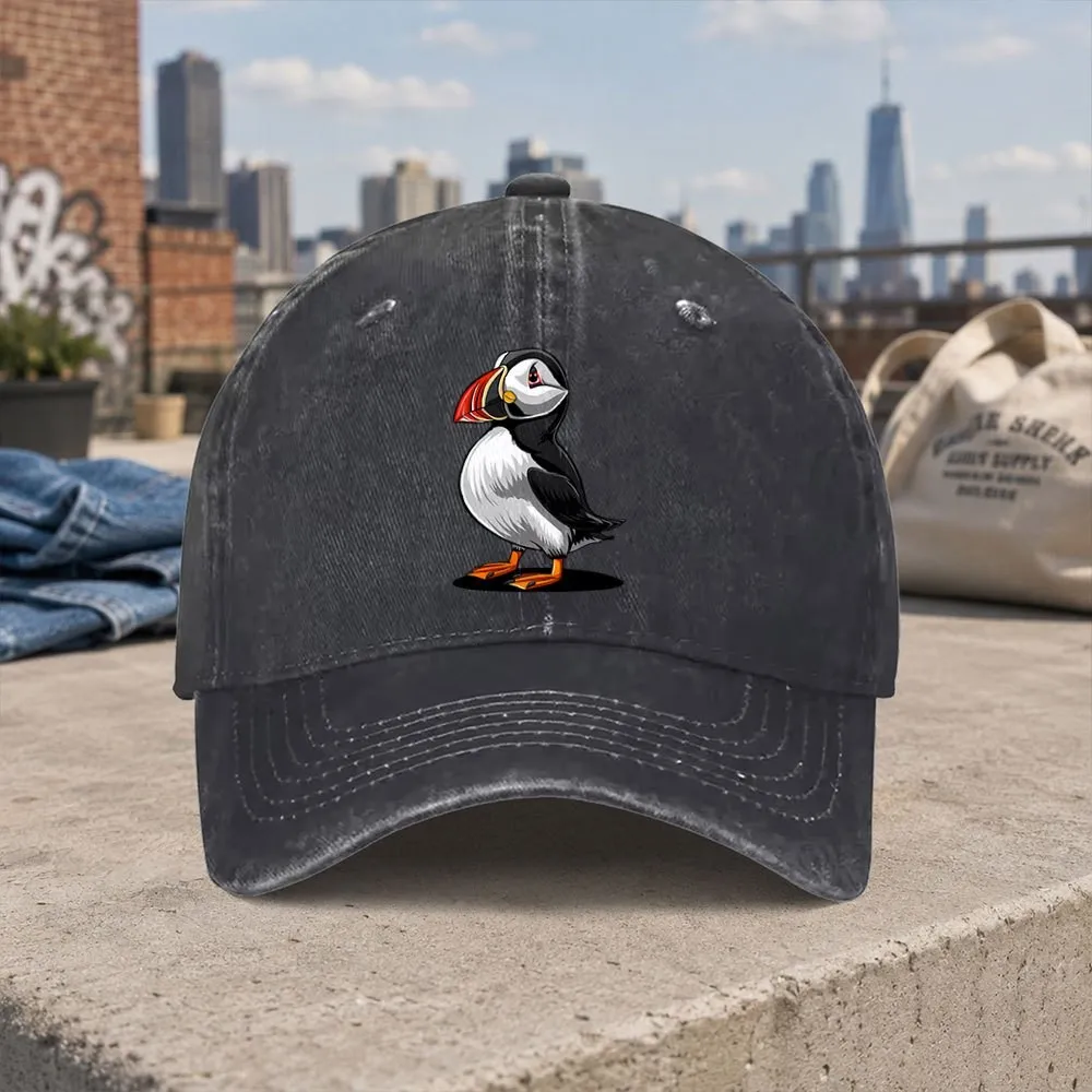 Puffin Cartoon Washed Baseball Cap Unisex Casual Outdoor Fishing Hat for Daily Wear