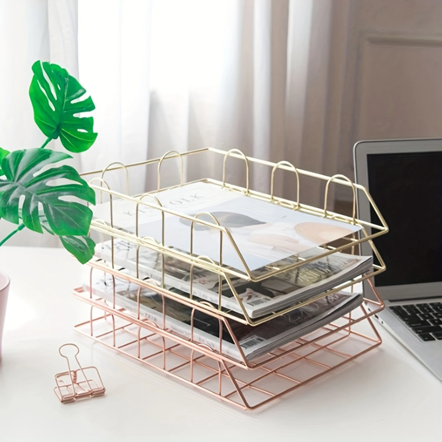 Modern Metal Stackable File Organizer Basket, Multipurpose Shelf Baskets with Iron Art Design for Magazine, Document, and Office