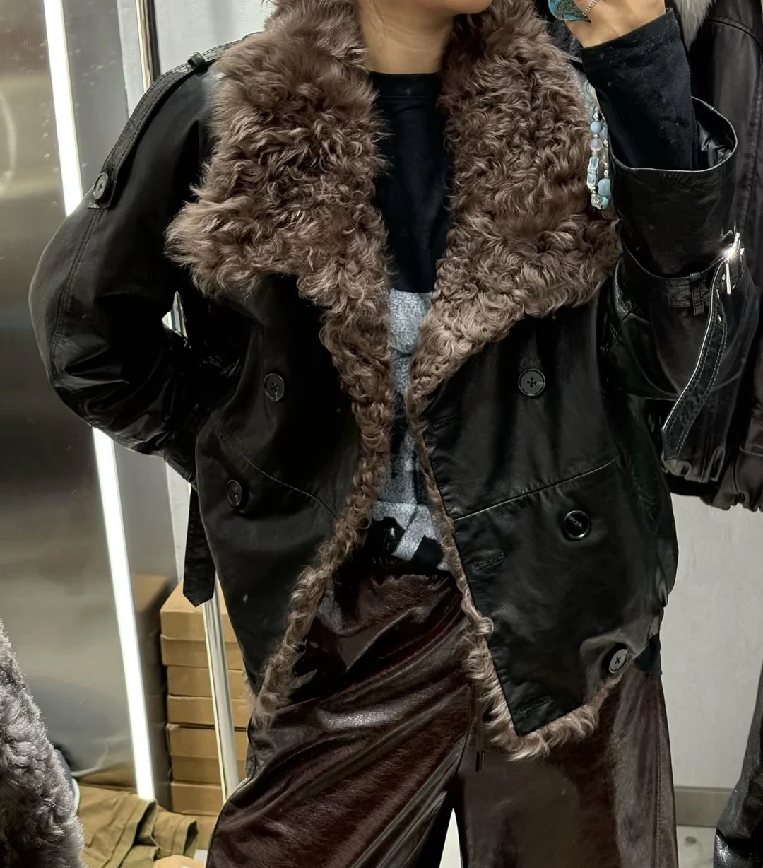 Otoño Invierno nuevo Sle mujer cuero Jaet ort acolchado abrigo suelto ajuste fresco Casual solapa abajo Jaet eepskin abrigo