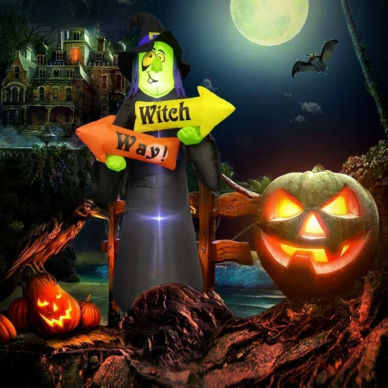 

2.4M Large Halloween Inflatable Witch Holding the Road Sign Decoration Outdoor Horror House Yard Garden Props Halloween Decor