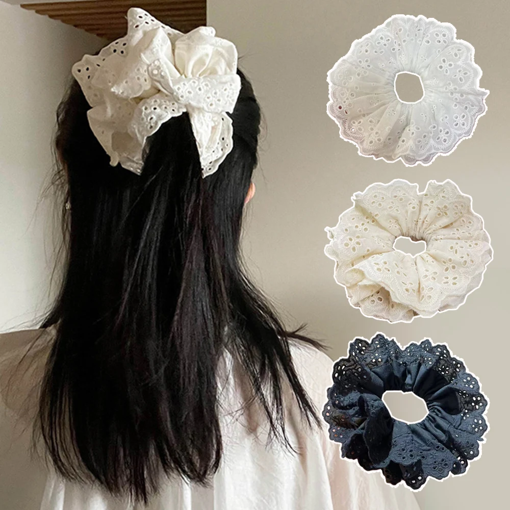 Big Flower Lolita Lace Scrunchies, 4 camadas, extragrandes, francês cabelo corda, laços, cabelo acessórios, rabo de cavalo titular, anel Ins