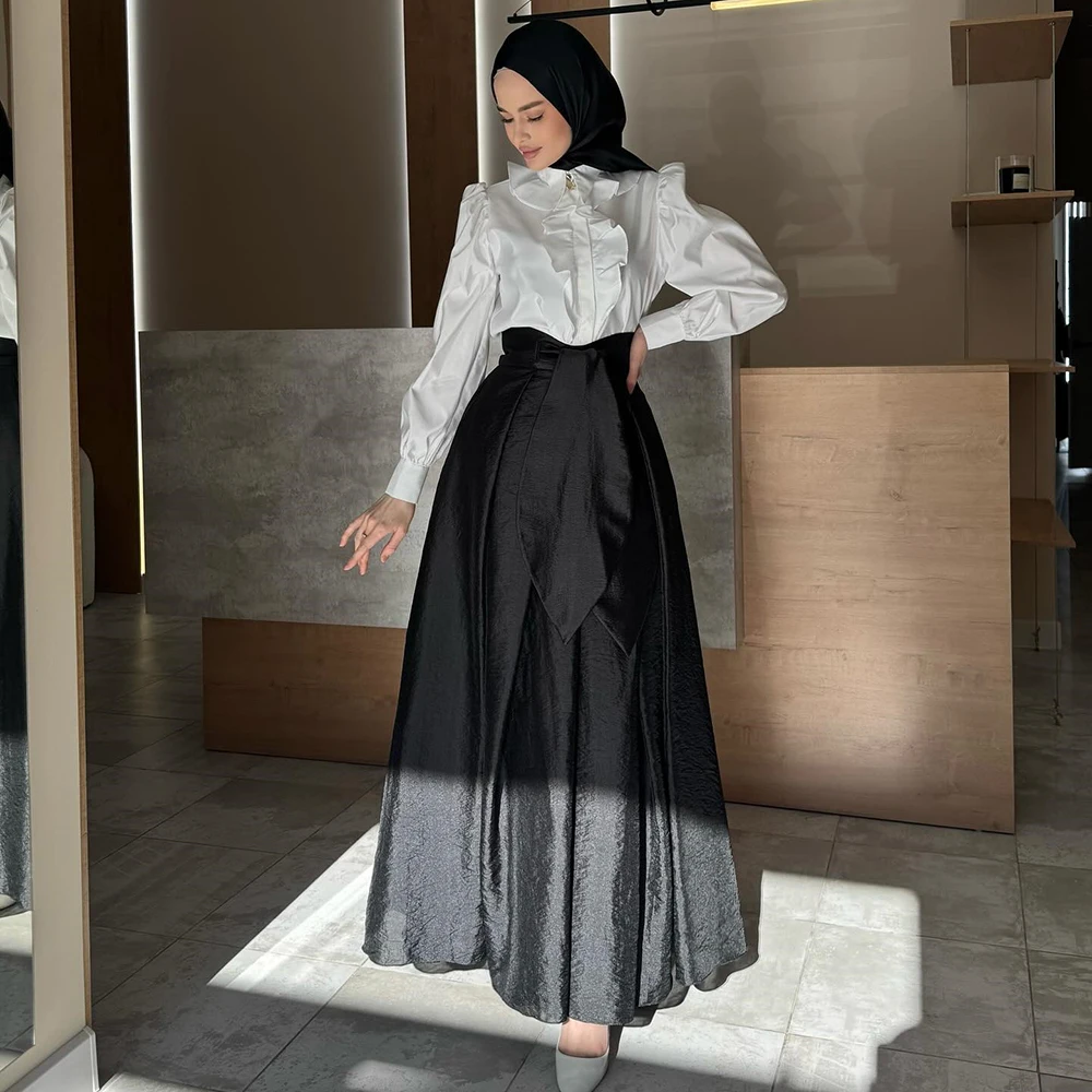 

Атласное вечернее платье трапециевидной формы с высоким вырезом по индивидуальному заказу, вечернее платье с длинными рукавами и драпировкой, контрастное цветное платье для выпускного вечера длиной до щиколотки