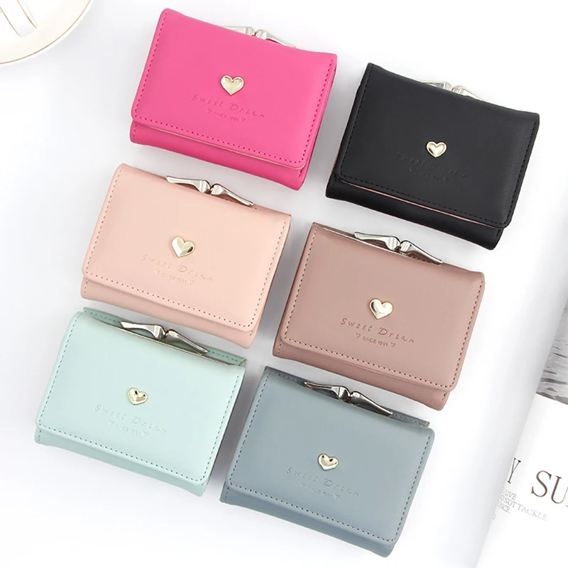 

Short Iron Clip Bag Women's Heart Shaped Hardware Handbag Solid Simple Change Card Holder Solid Package Small Cute Pack Purse