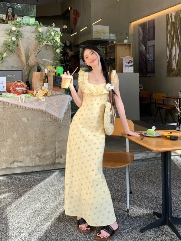 

Slimming Floral Print Belted Square Neck Long Dress Trendy Women's Fashion Korean Style Commute Summer Dress City Outfit
