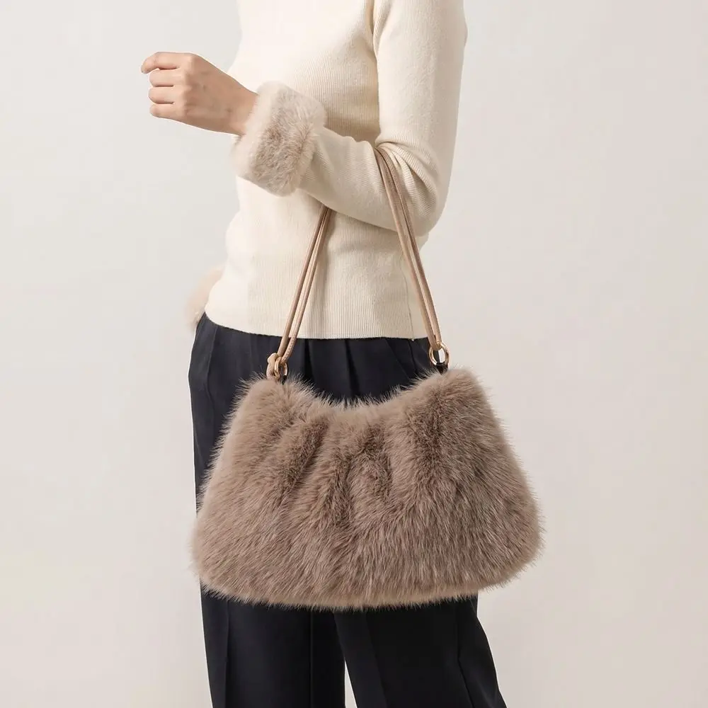 Portable Solid Color Fluffy Shoulder Bag Warm Soft Tote Bag Zipper Large Capacity Faux Fur Hobo Bag Party