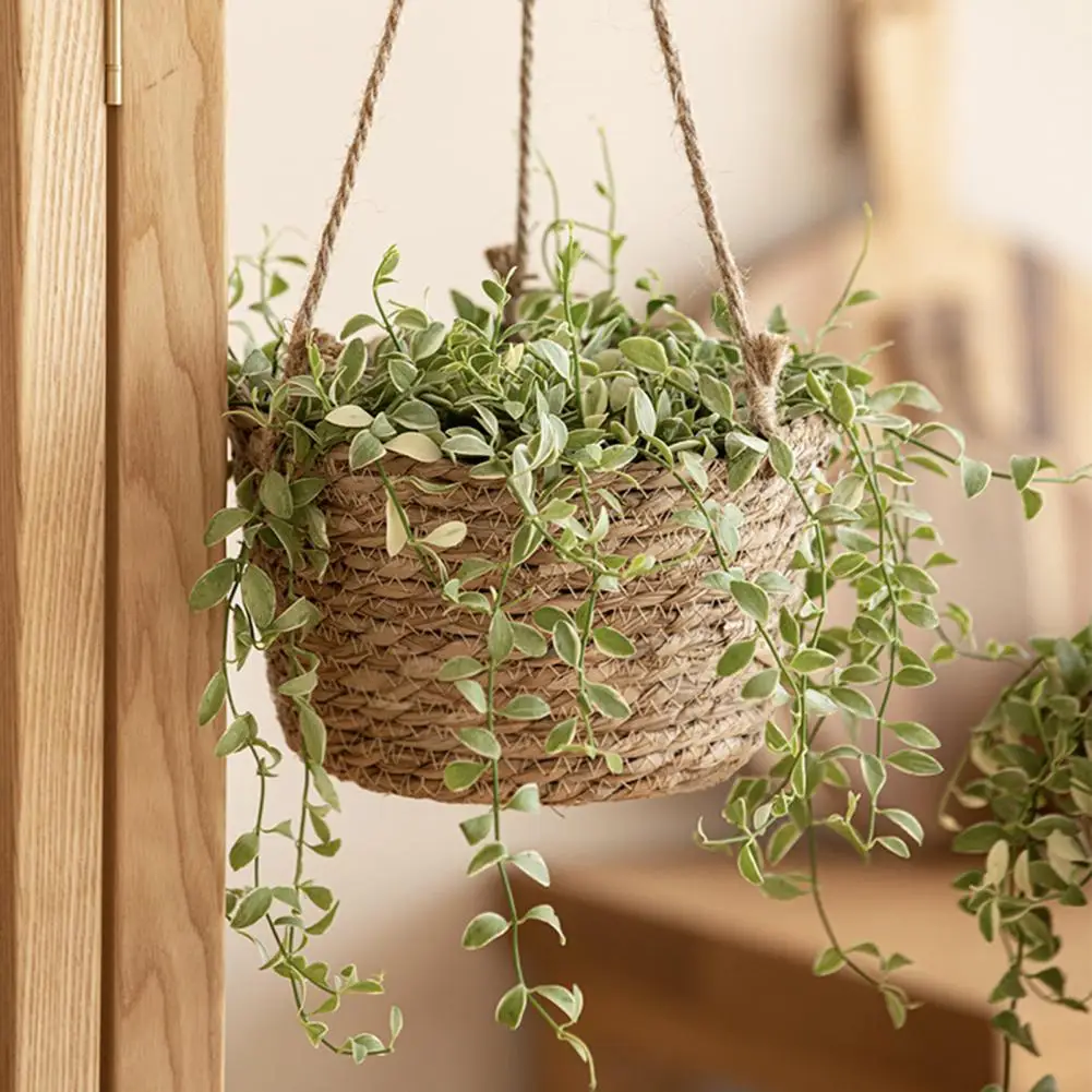 Cattails Flower Basket Handmade Woven Garden Hanging Planter Flower Pot Holder Seaweed Wicker Rattan Clothes Storage Home Decor